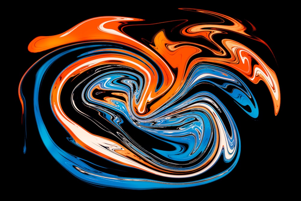 an abstract painting of blue, orange, and black swirls