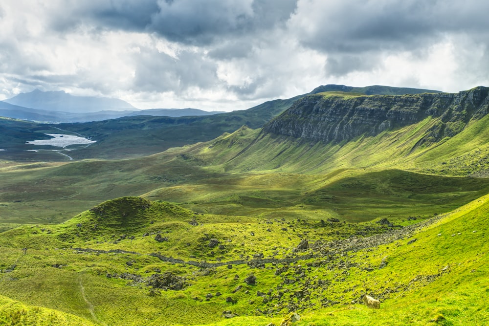 a green valley with mountains in the background