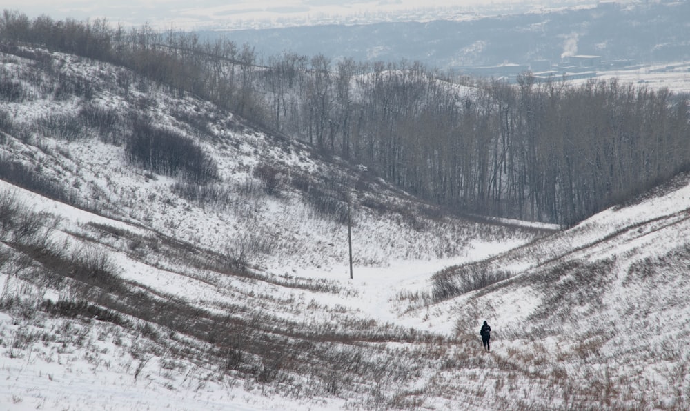 a person walking through a snow covered field