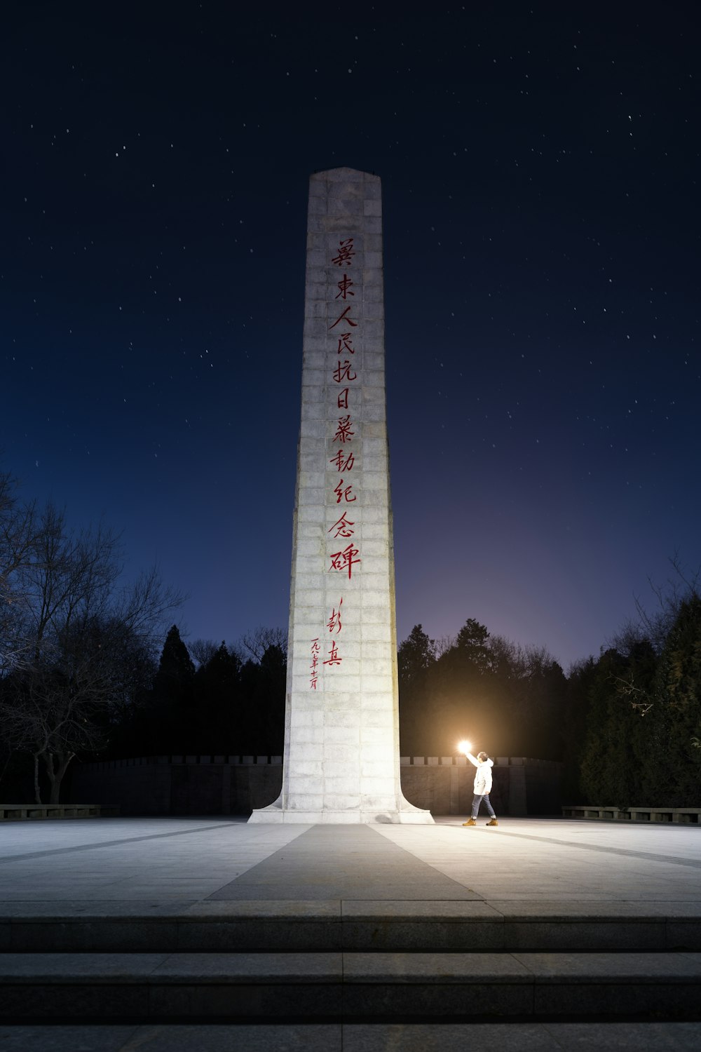 a man standing in front of a monument at night