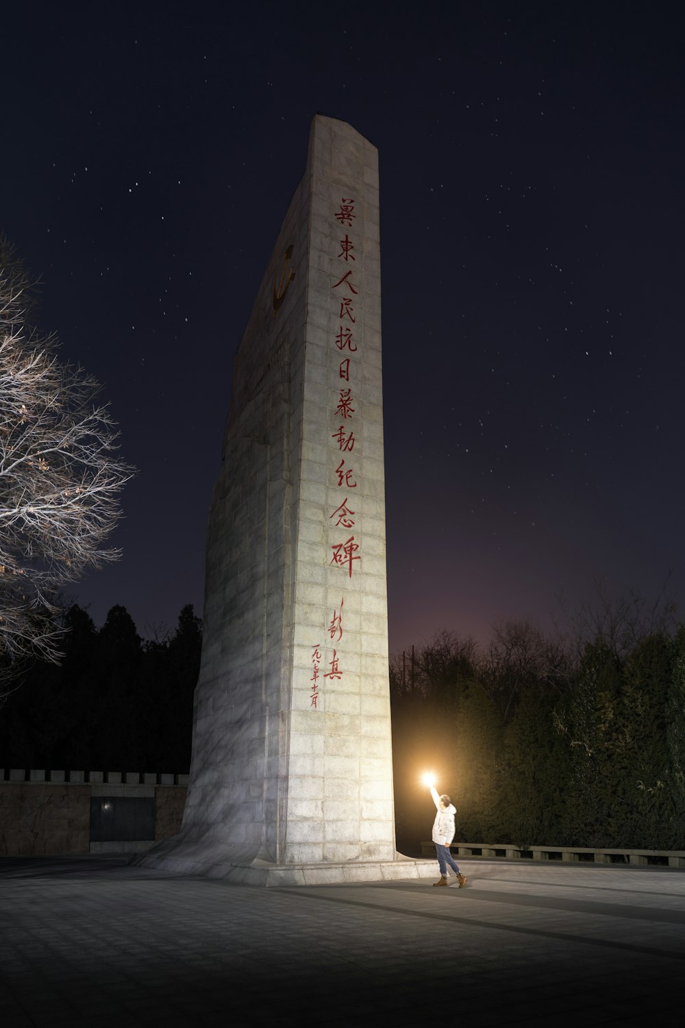 a person standing in front of a tall monument