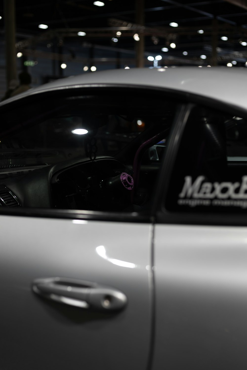 a close up of a car parked in a garage