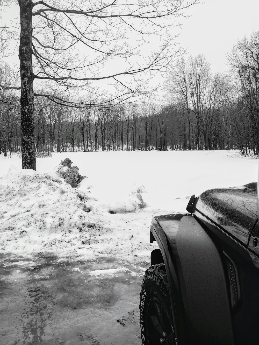 une photo en noir et blanc d’une voiture dans la neige