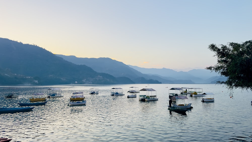 a group of boats floating on top of a lake