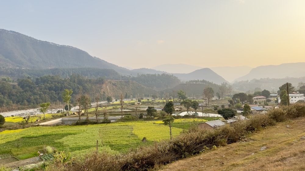 a view of a green field with mountains in the background