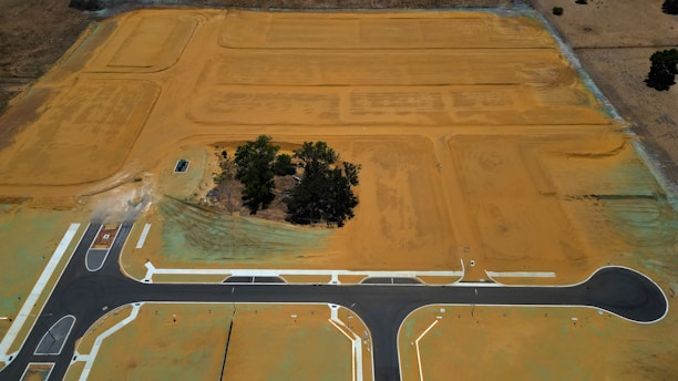 an aerial view of an airport runway