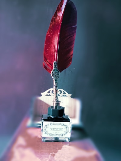 a red feather quill sitting on top of a desk
