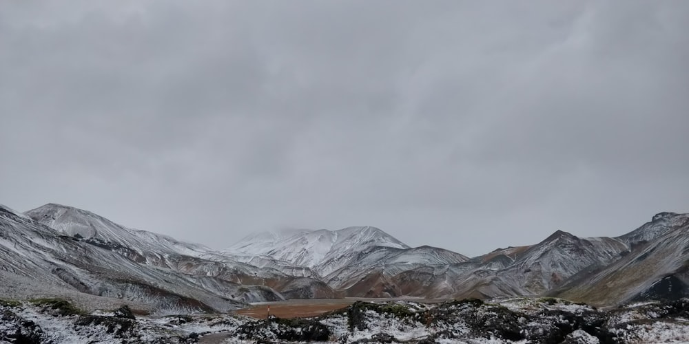 a snow covered mountain range under a cloudy sky