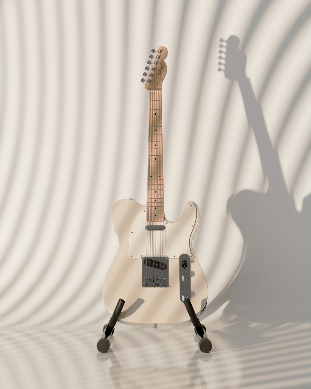 a white electric guitar sitting on top of a stand