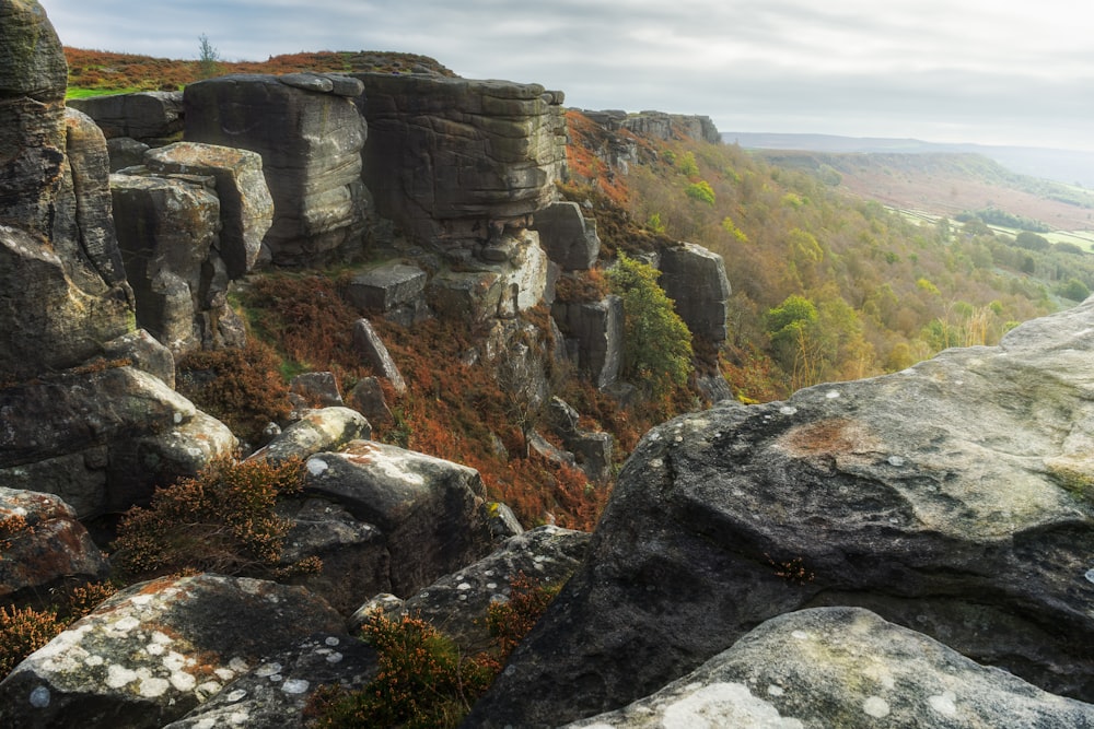 a view of a rocky outcropping with trees in the background