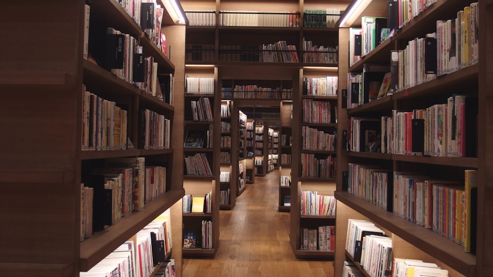 a row of bookshelves filled with lots of books