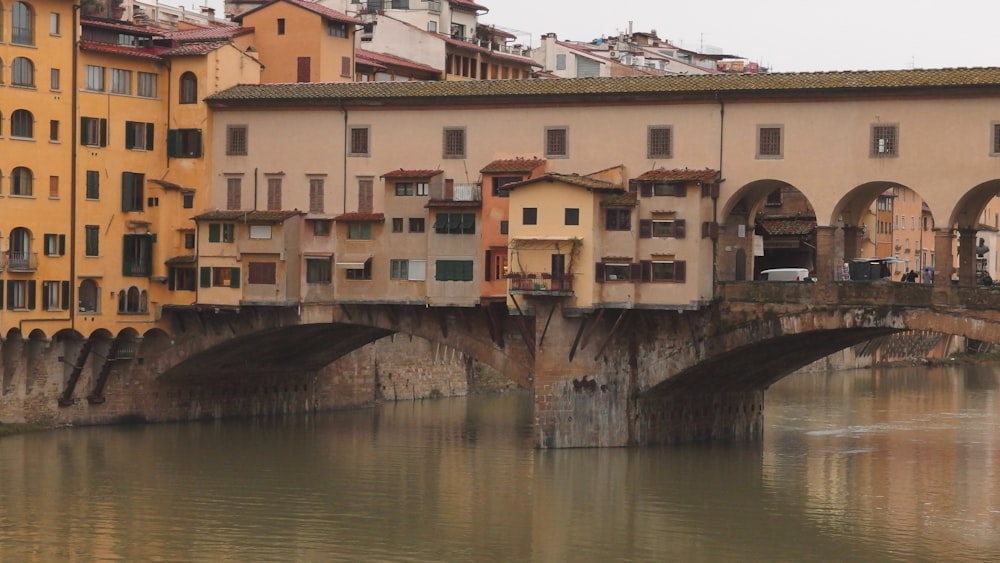 a bridge over a body of water in front of buildings