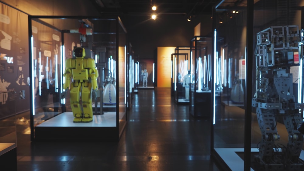 a room filled with lots of glass cases filled with mannequins