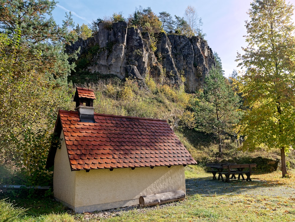 a small house with a red roof and a mountain in the background