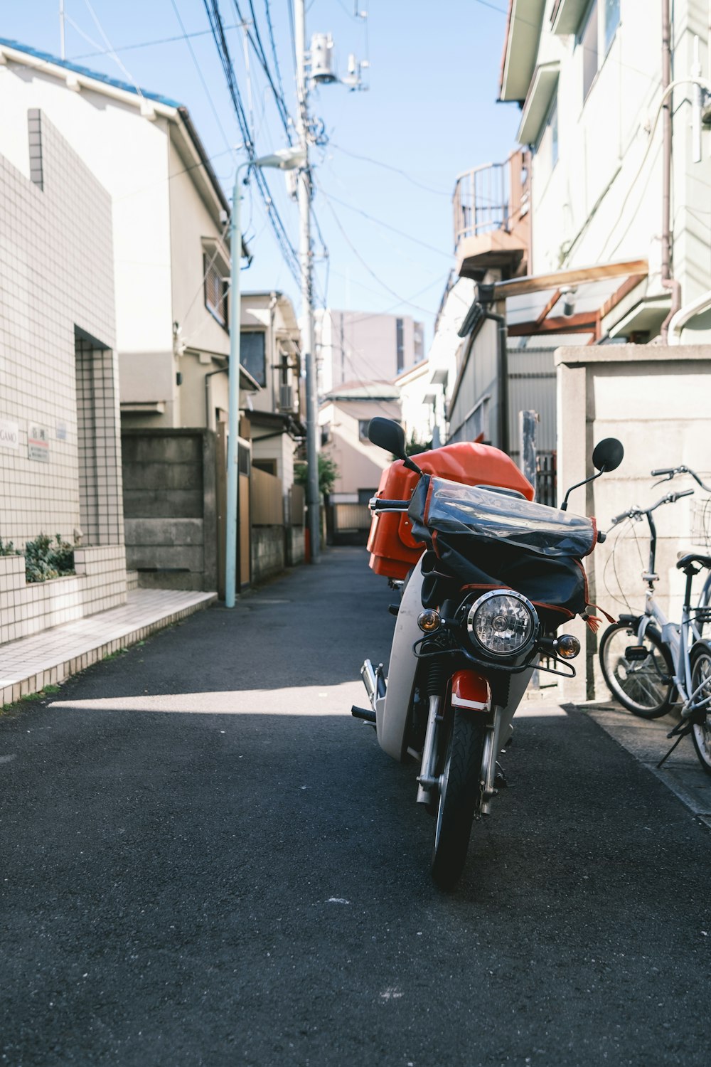 a motorcycle parked on the side of a street