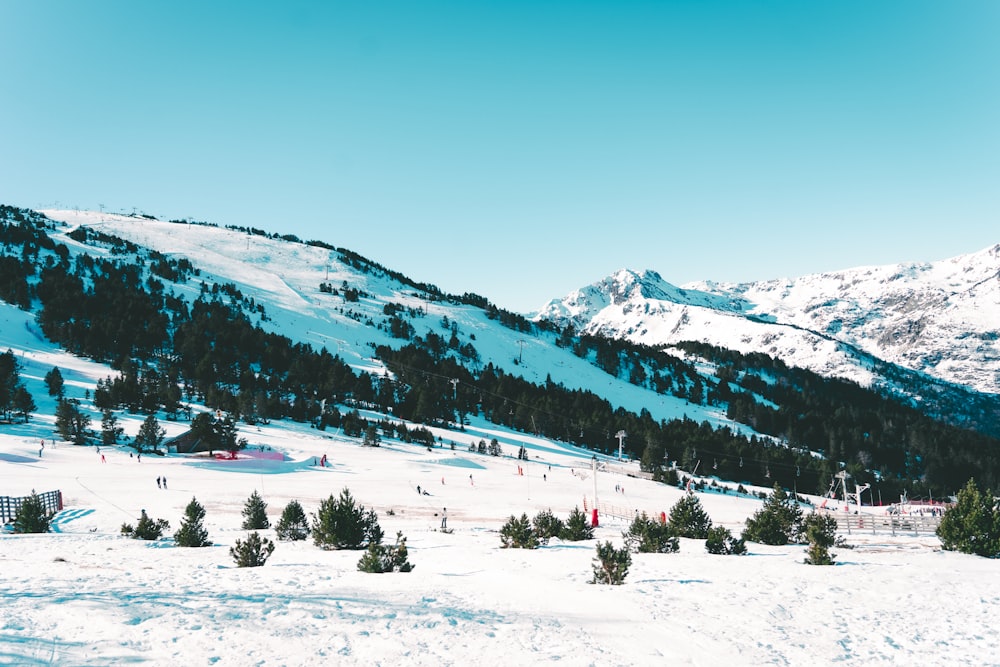 a snow covered mountain with people skiing on it