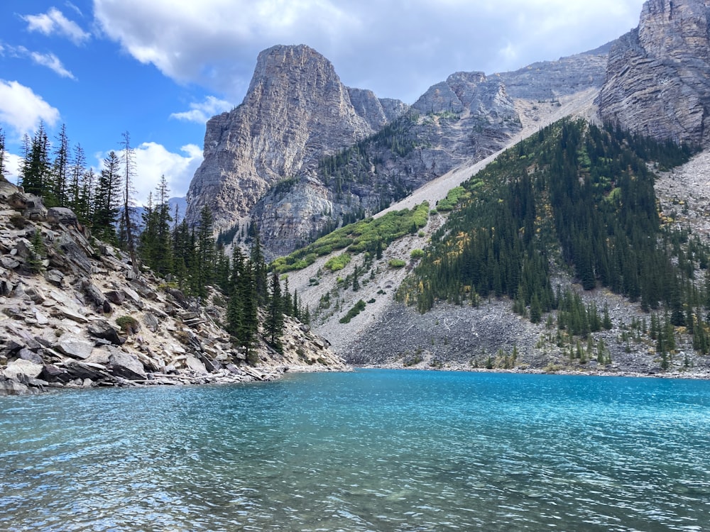 a body of water surrounded by mountains and trees