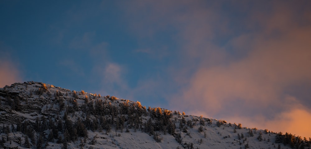 a mountain covered in snow and trees under a cloudy sky