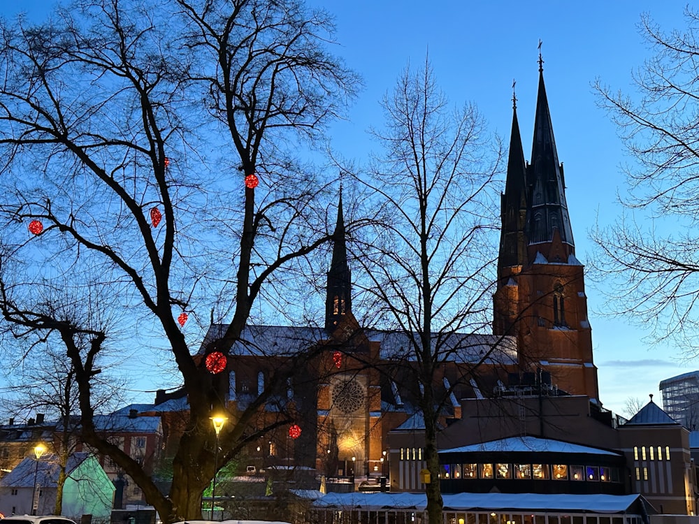 a large church with a tall steeple next to a tree