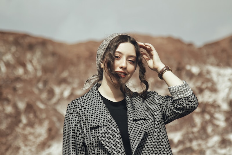 Chic woman in premium designer checkered coat