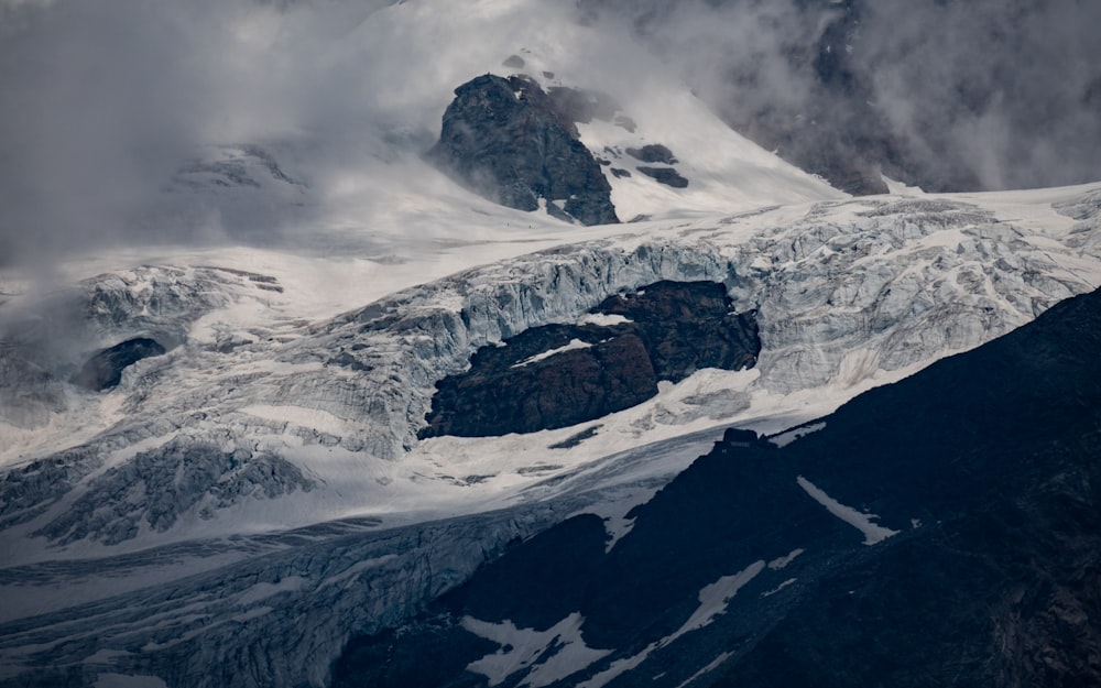 a mountain covered in snow under a cloudy sky