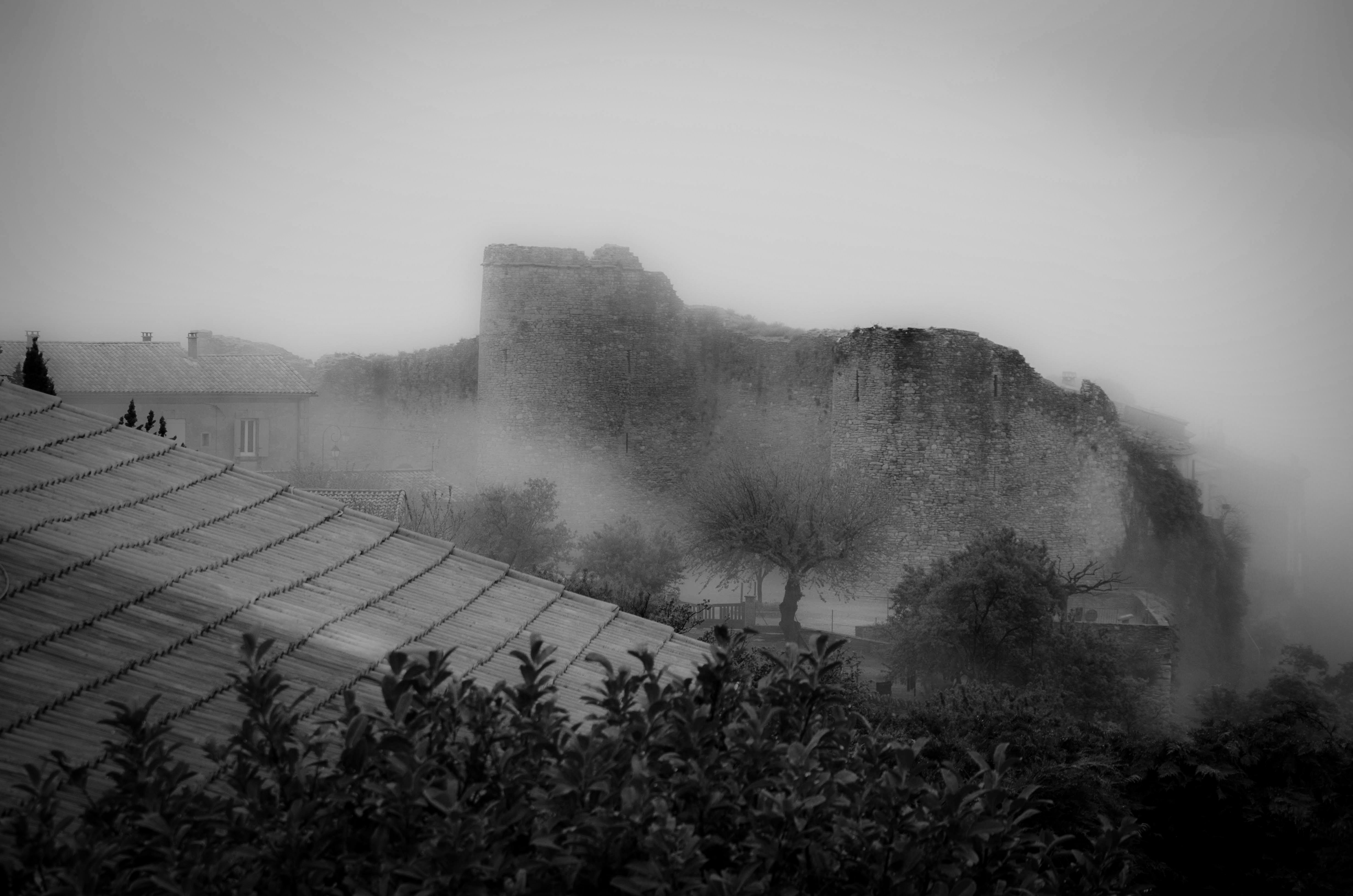 霧の日の城の白黒写真