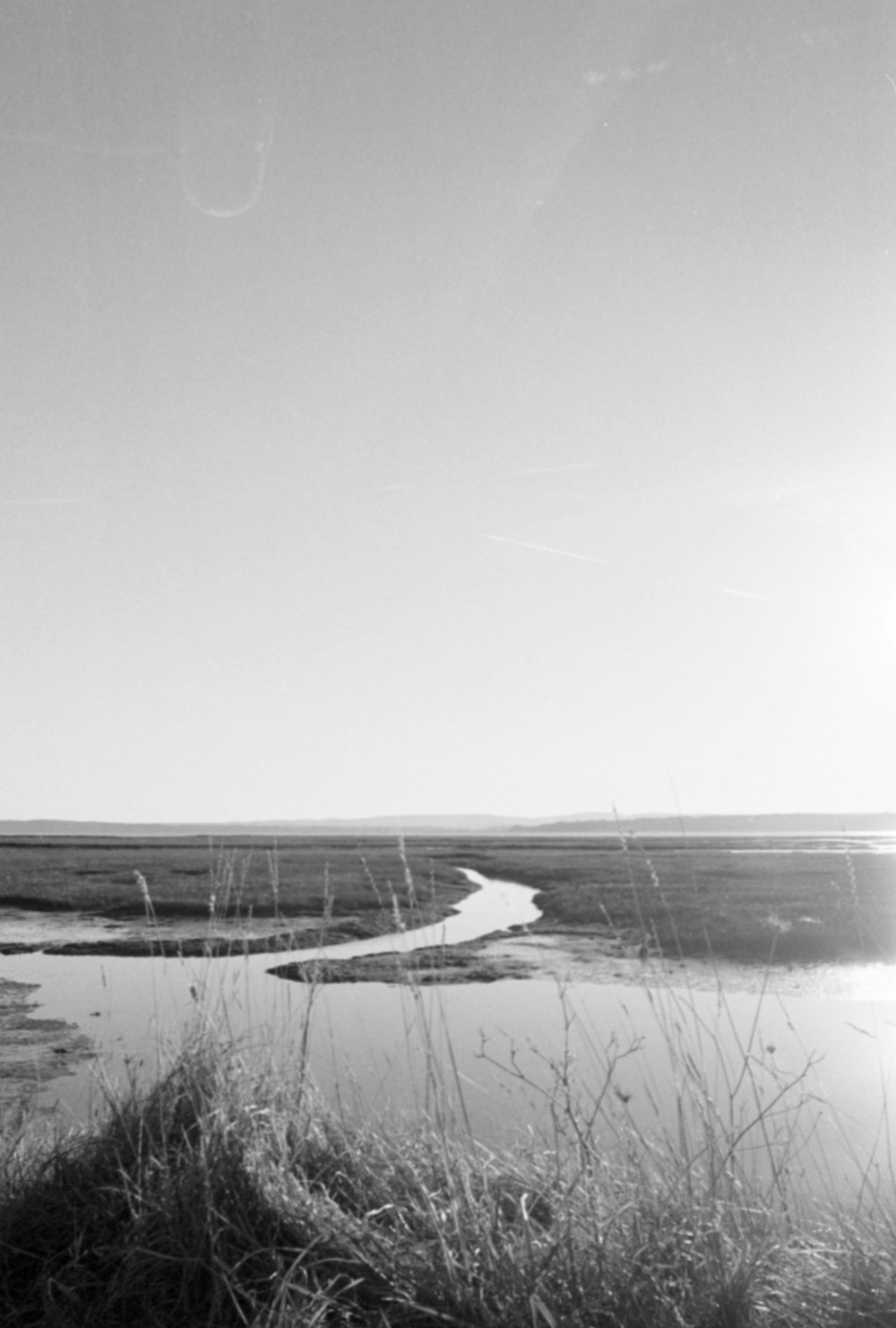 a black and white photo of a river