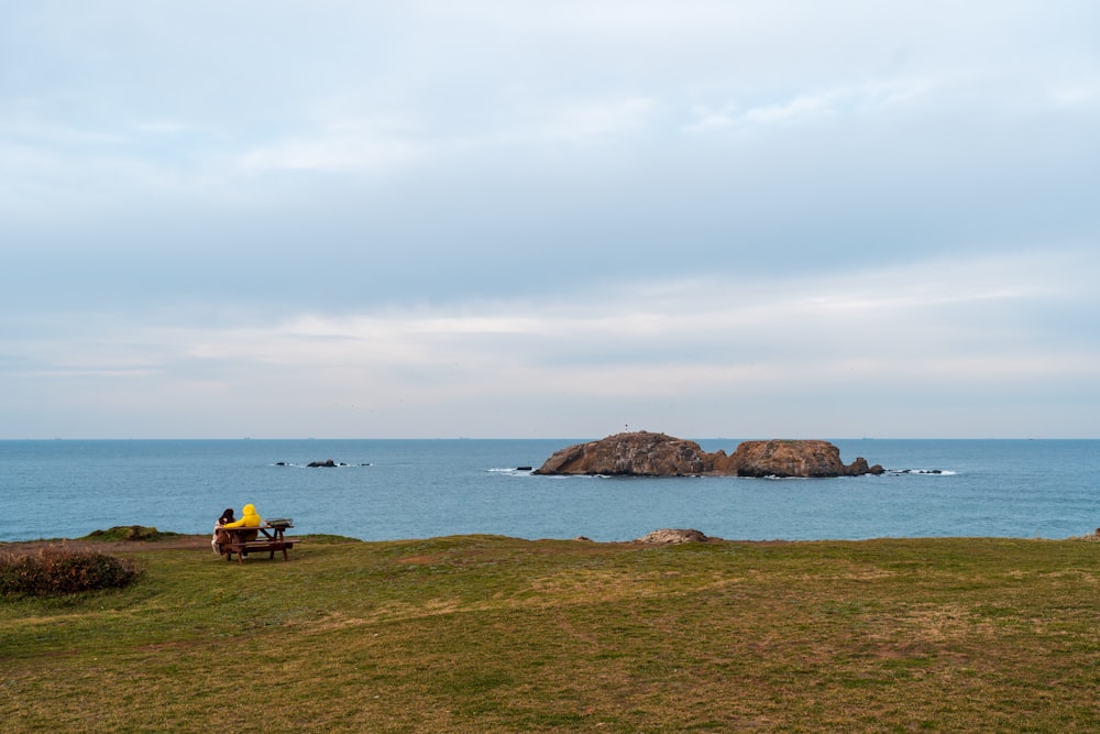 a person sitting on a bench near the ocean