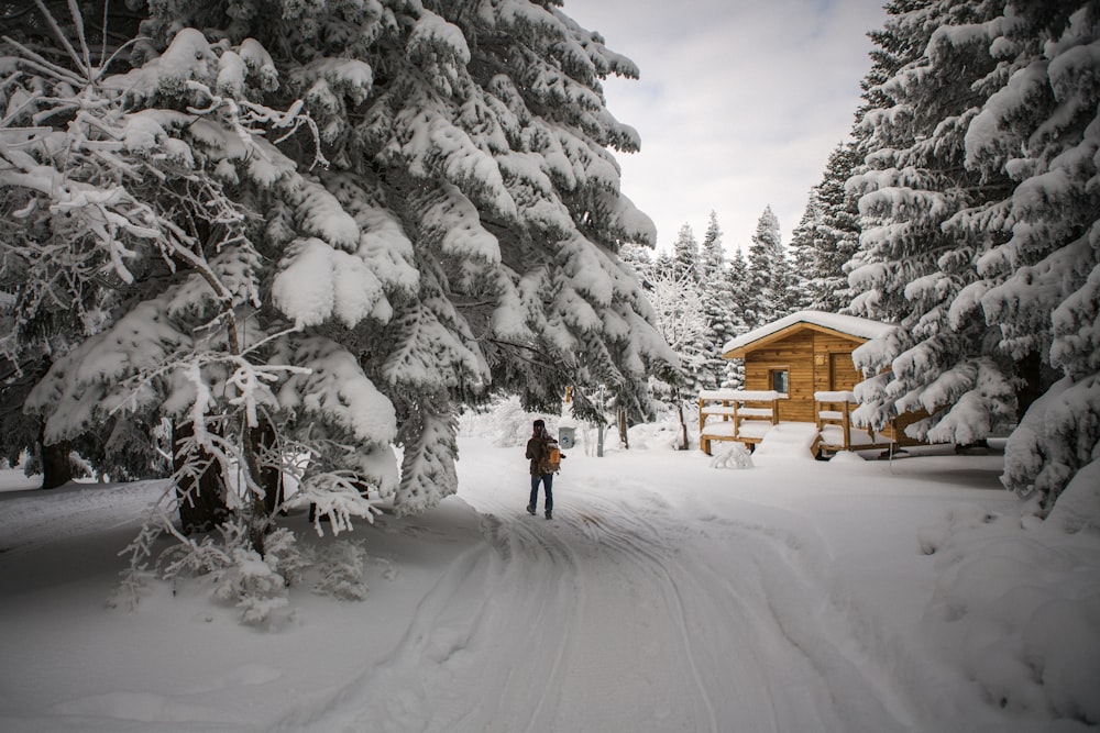 a person standing in the snow in front of a cabin