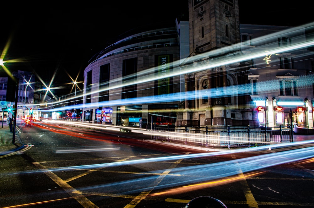 a blurry photo of a city street at night