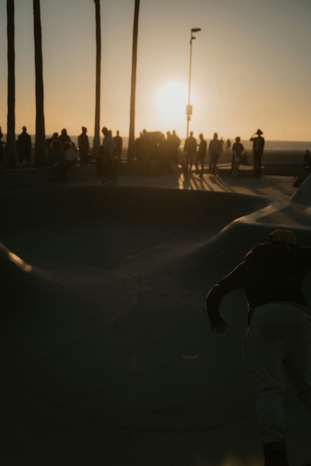 a man riding a skateboard down a street next to palm trees