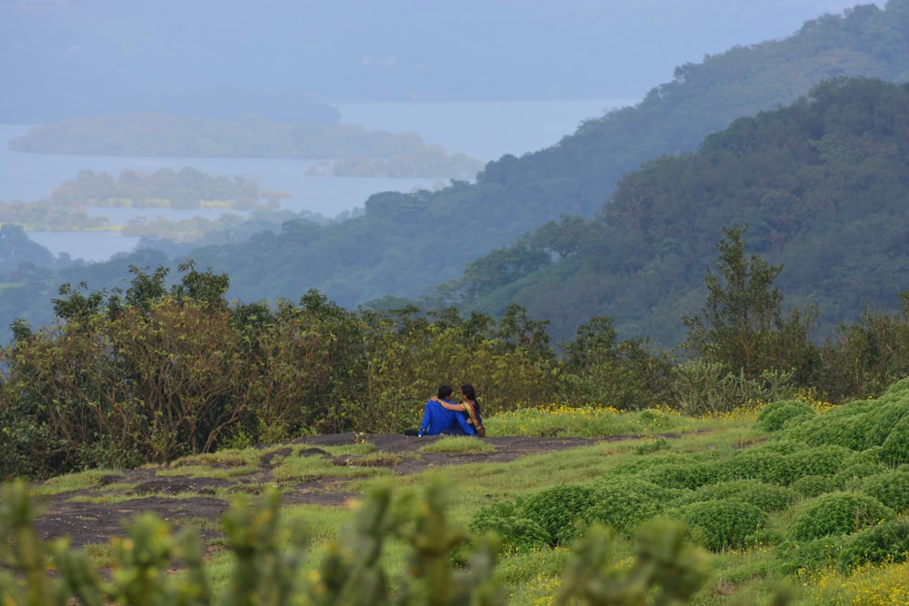 a couple of people sitting on top of a lush green hillside