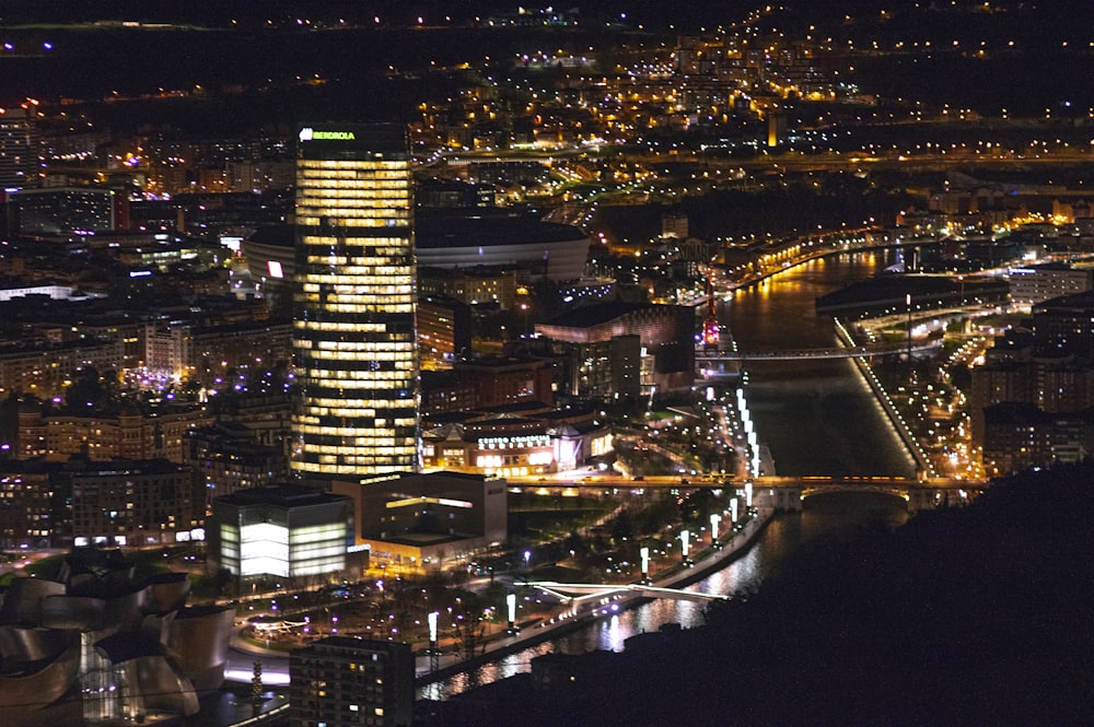 an aerial view of a city at night