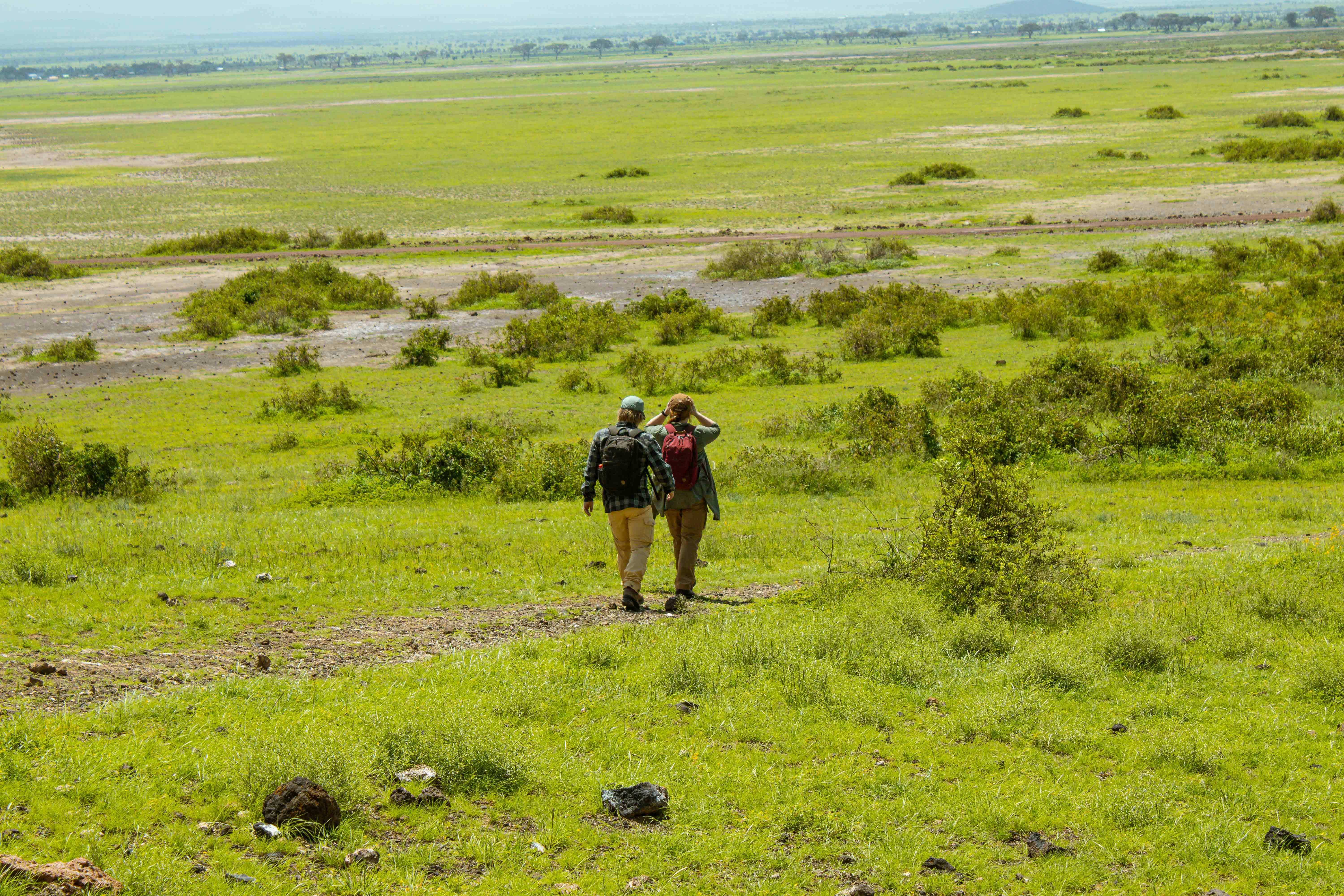 a couple of people walking across a lush green field, 