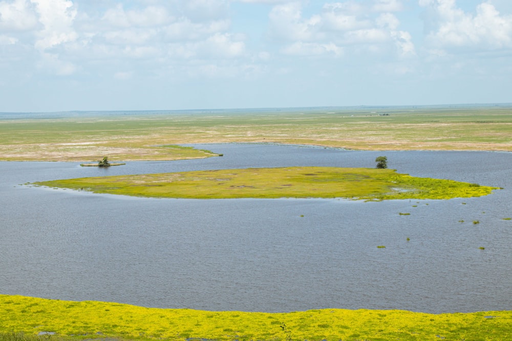 a large body of water surrounded by a lush green field