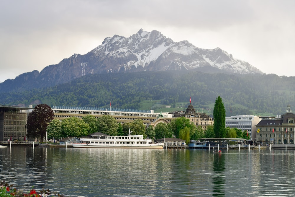 a river with a boat in the water and a mountain in the background