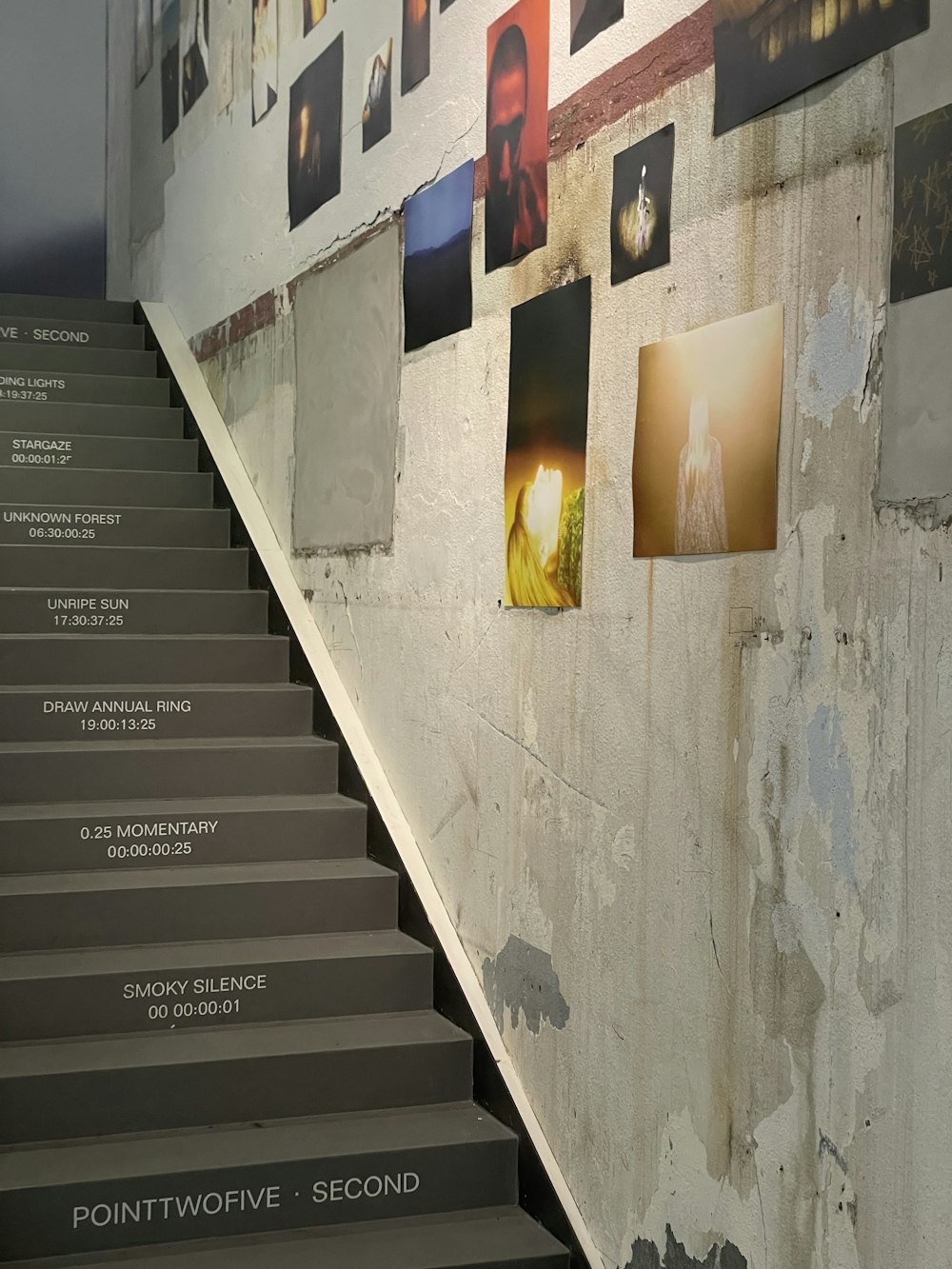 a stairway with a bunch of pictures on the wall