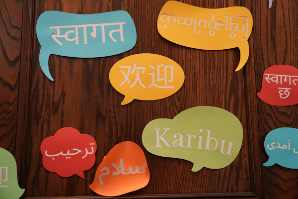 Colorful speech bubbles representing conversation and language