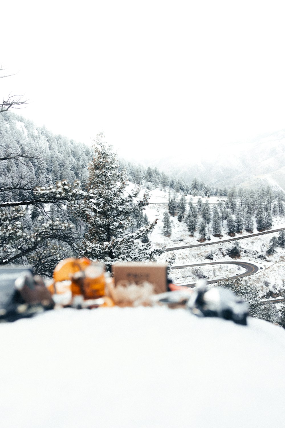 a view of a snow covered mountain with trees in the background