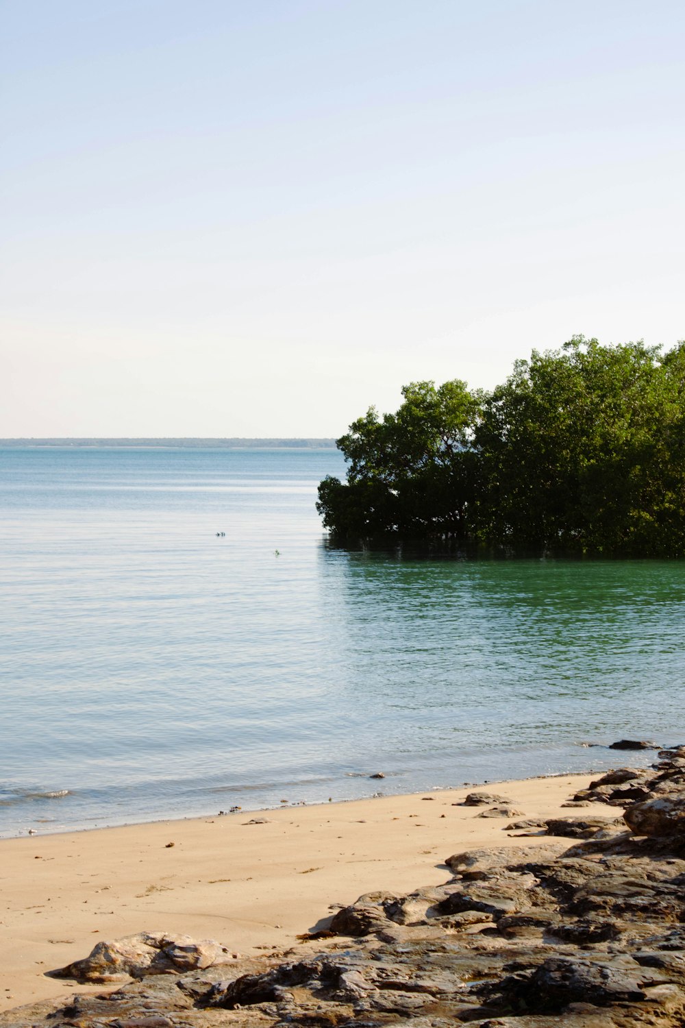 a beach with a small island in the middle of it