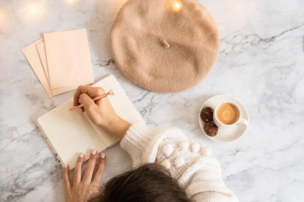 a person writing on a notebook next to a cup of coffee