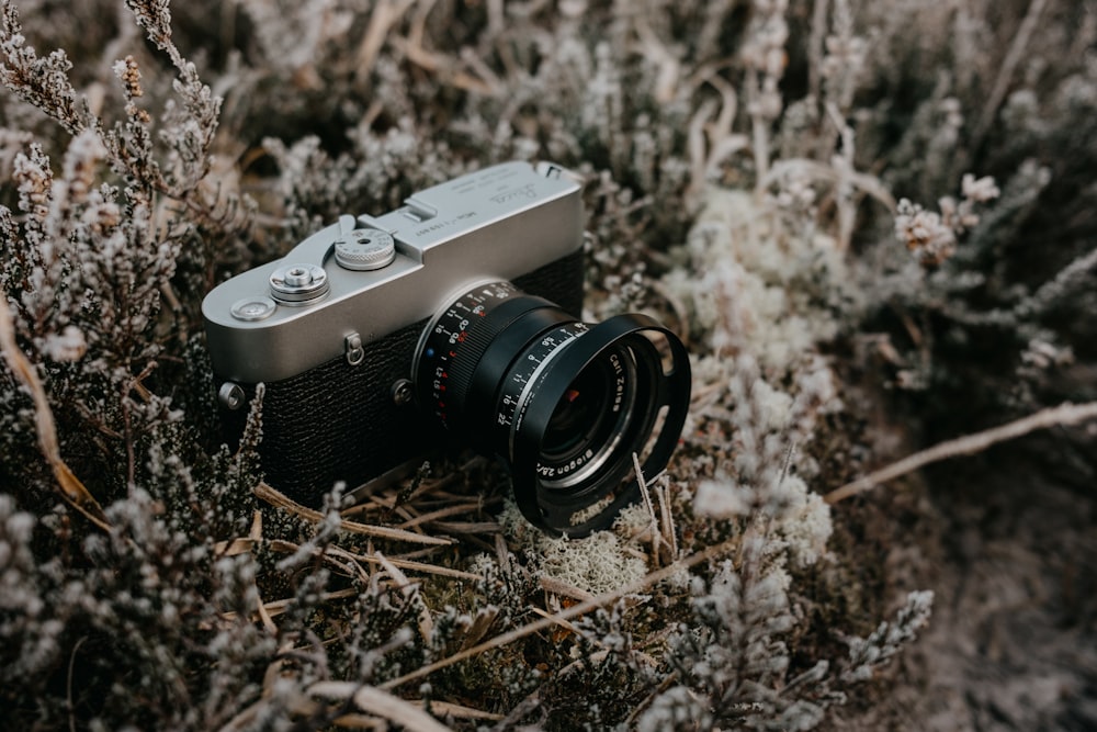 a camera sitting on top of a grass covered field