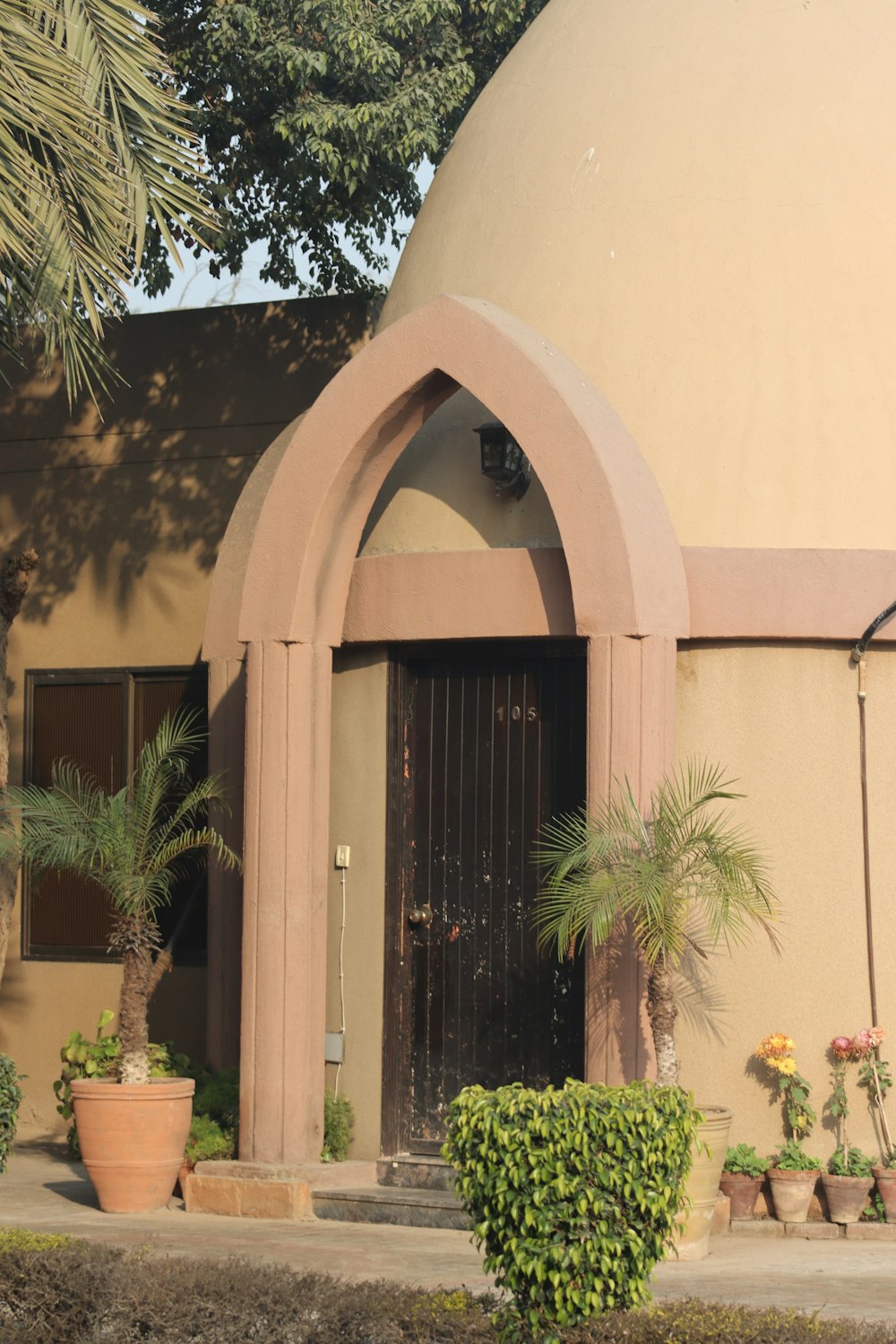 a building with a large arched doorway next to a palm tree