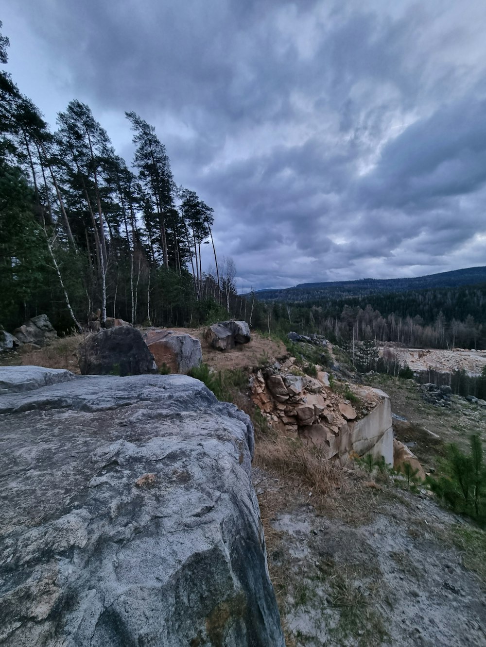 a large rock sitting on top of a lush green hillside