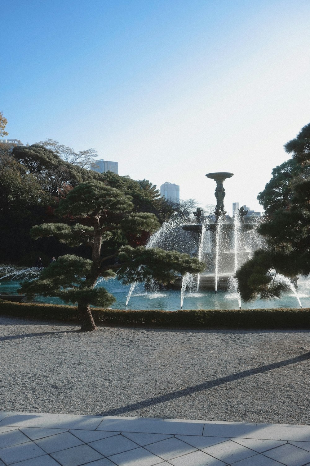 a park with a fountain and trees in the background
