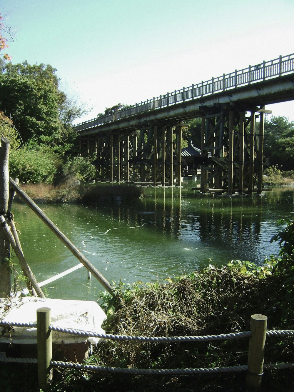 a bridge over a body of water next to a lush green forest