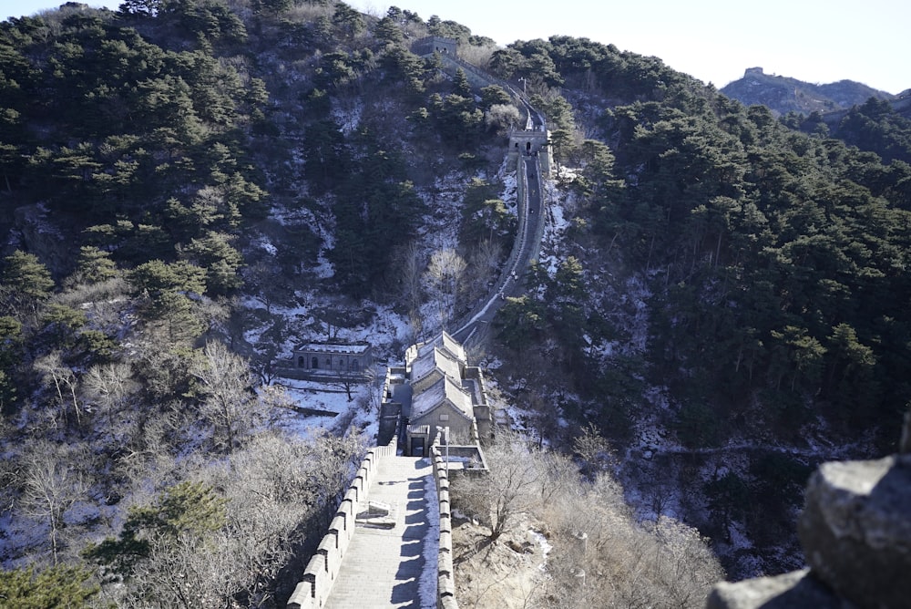 a view of the great wall of china in winter