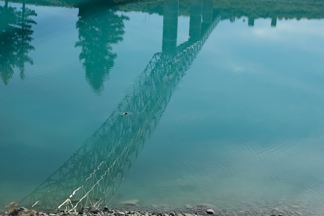 a chain link bridge over a body of water, Duck diving at Lake Tekapo, New Zealand - glacial lake reflecting bridge and trees in surrounding landscape