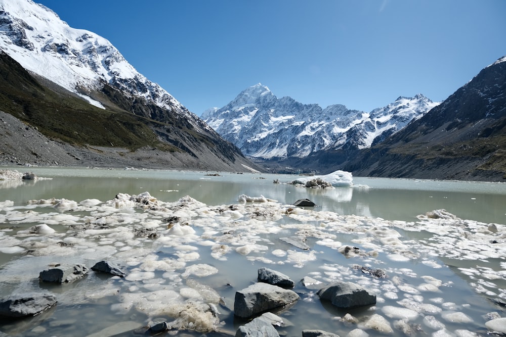 a lake surrounded by snow covered mountains and rocks