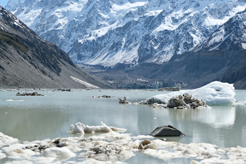 a large body of water surrounded by snow covered mountains